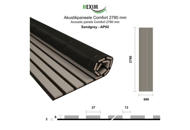 HEXIM Lamellen Akustikpaneele 1,67 m² flexible Wandpaneele 278x60cm MDF Wandverkleidung schalldämmend: Sandgrey - AP02, 1 Paneel - 1.67m²