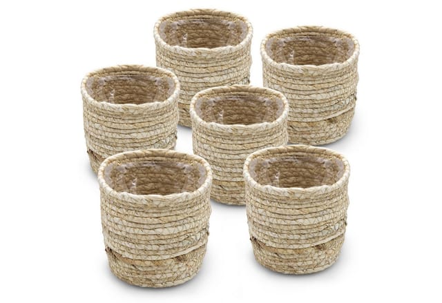 Mini Blumentopf aus Grasgeflecht 10 cm - 6er Set - Pflanzgefäß aus Naturfasern mit Folie - Zimmer Pflanzen Umtopf Stroh Körbchen Flechtkorb