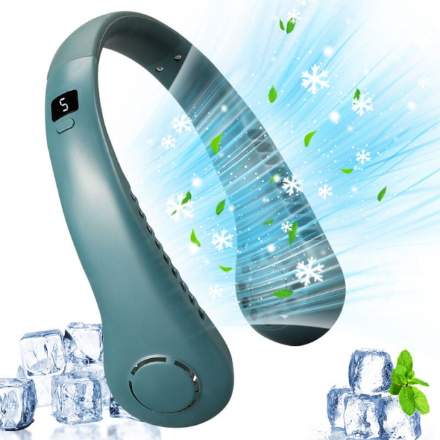 Grüner tragbarer blattloser Nackenventilator, 5-Gang-Digitalanzeige, 3000 mAh große Kapazität, über USB wiederaufladbarer kleiner Handventilator