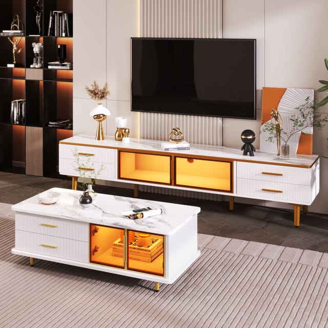 Redom - Couchtisch, Fernsehschrank, modulares Wohnzimmermöbel, Tür aus gehärtetem Glas, Rahmen aus Aluminiumlegierung, Schubladen mit gewellter