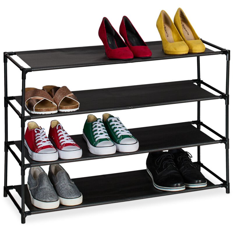 Relaxdays - Schuhregal, mit 4 Ebenen, Metall Schuhablage, Stoff Ablage, Schuhgestell für den Flur, Schuhständer, schwarz