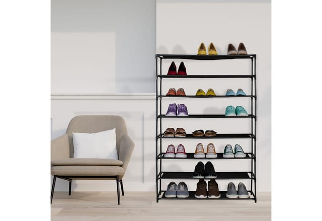Relaxdays - Schuhregal, mit 8 Ebenen, Metall Schuhablage, Stoff Ablage, Schuhgestell für den Flur, Schuhständer, schwarz