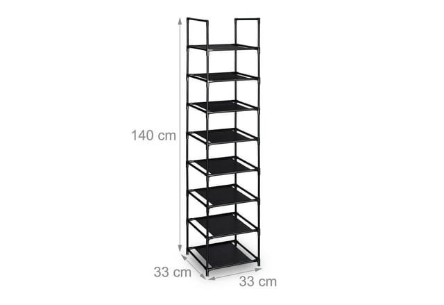 Relaxdays - Schuhregal, 8 Ebenen, hbt: 140x33x33 cm, Metall Schuhablage, Stoff Ablage, schmales Schuhgestell, schwarz/grau