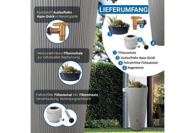 4rain - vaso 2in1 decor Regenspeicher 220 Liter zinkgrau inkl. Kunststoff-Auslaufhahn und Fallrohranschluss