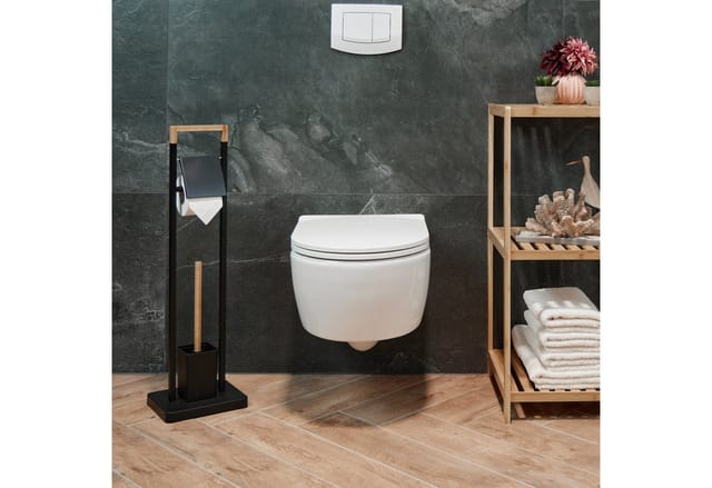 Wc Garnitur, Bambus, Edelstahl, stehender Klopapierhalter, Toilettenbürste mit Bürstenhalter, schwarz/natur - Relaxdays