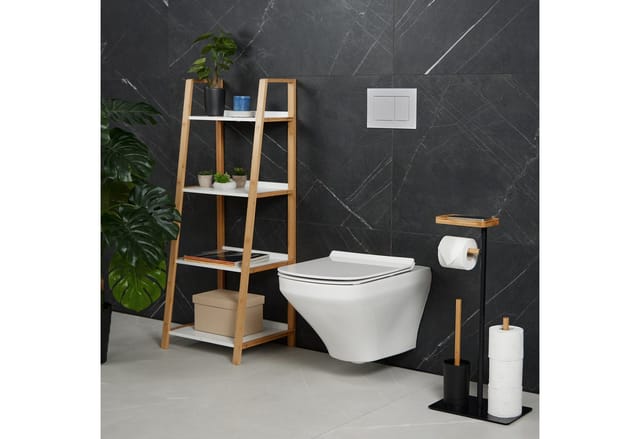 Wc Garnitur, Bambus, Eisen, freistehender Klopapierhalter, Toilettenbürste mit Bürstenhalter, schwarz/natur - Relaxdays