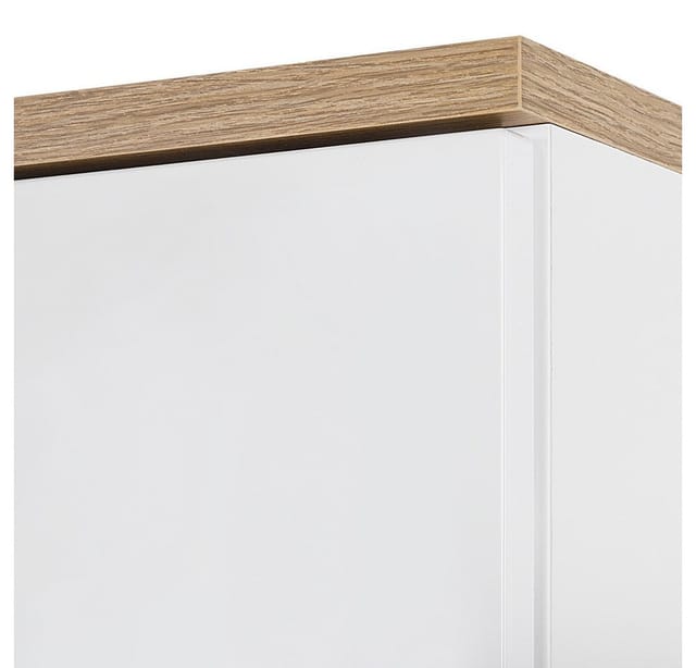 Badezimmer Hochschrank SOLNA-56 Hochglanz weiß mit Wotaneiche, B x H x T ca. 35 x 187 x 33cm