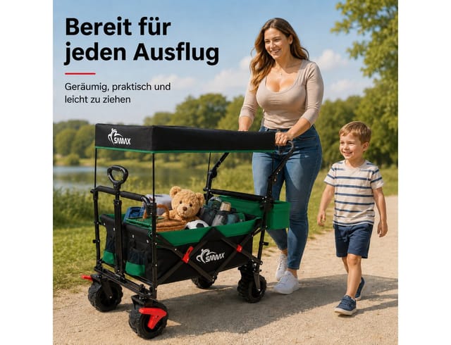 Samax - Faltbarer Bollerwagen Offroad mit Dach - Schwarz / Grün