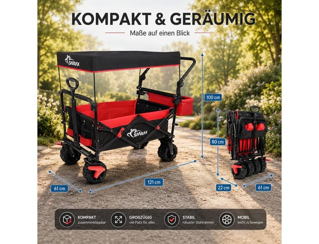 Samax - Faltbarer Bollerwagen Offroad mit Dach - Schwarz / Rot