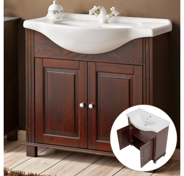 Lomadox - Waschtischunterschrank 85 cm Keramik-Waschbecken Im Landhausstil AVEIRO-56, Pinie Massivholz braun, b/h/t ca. 85/83/49 cm