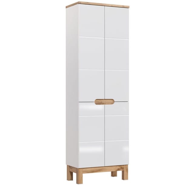 Hochschrank mit 4 Türen SOLNA-56 Hochglanz weiß mit Wotaneiche, B x H x T ca. 60 x 187 x 33cm