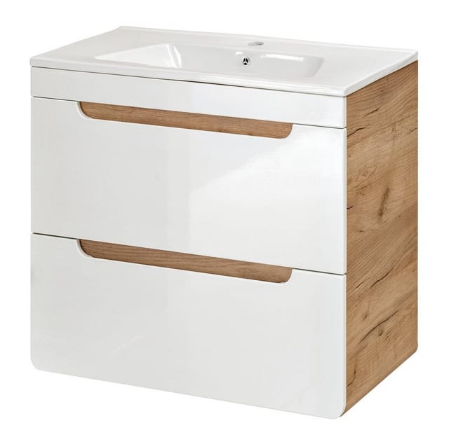 Waschtischunterschrank mit 61 cm Keramikbecken LUTON-56, Hochglanz weiß mit Wotan Eiche Nb., B/H/T ca. 61/60,8/46 cm