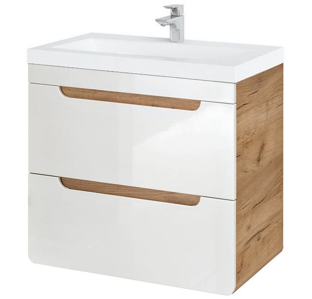 Waschtischunterschrank 61 cm mit Keramik-Waschtisch LUTON-56 Hochglanz weiß mit Wotan Eiche Nb. b/h/t ca. 61/63/46 cm