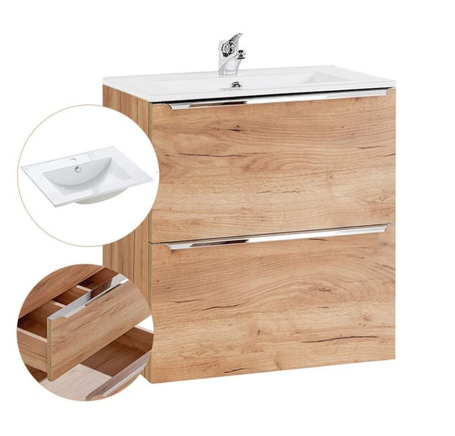 Lomadox - Waschtisch-Unterschrank 60cm mit Keramik-Waschbecken TOSKANA-56 in Wotaneiche Nb., b/h/t ca. 61/58/46 cm