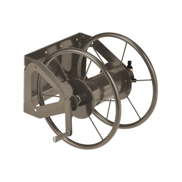 Schlauchtrommel, Stahl, 60 m Schlauch, Klickkupplungen, Wandschlauchhalter, Bodenmontage, 42x53x46 cm, braun - Relaxdays