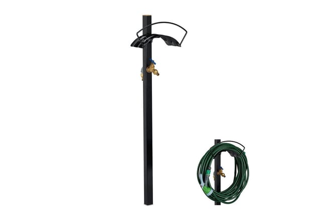 Garten Zapfstelle mit Schlauchhalter, 2x 3/4' Anschlüsse, für 45m Schlauch, Stahl, hbt 107,5x33x18 cm, schwarz - Relaxdays