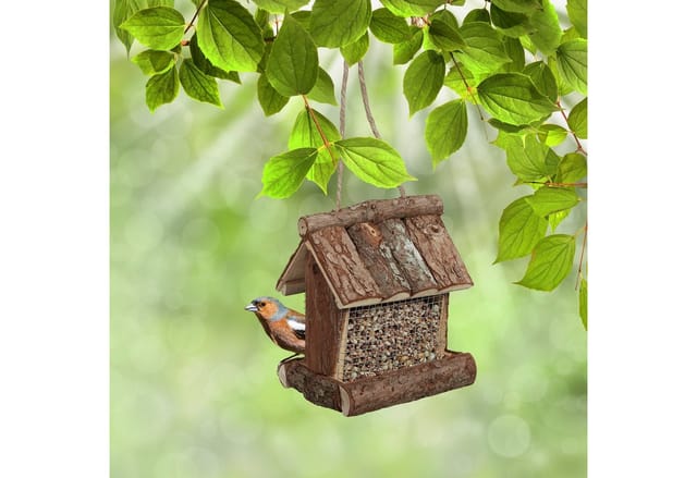 Relaxdays Vogelfutterhaus Holz, zum Aufhängen, HBT: 17 x 15 x 12 cm, mit Silo, Vogelfutterspender für Kleinvögel, natur
