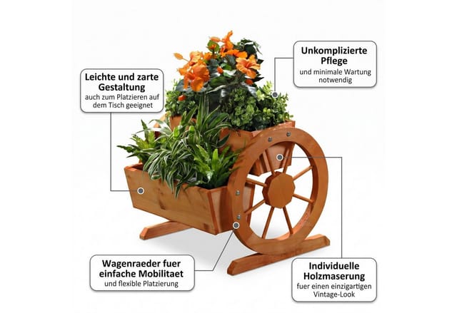 Mucola - Pflanzkübel mit Wagenräder aus Holz Garten Dekoration Blumentrog Holzkasten