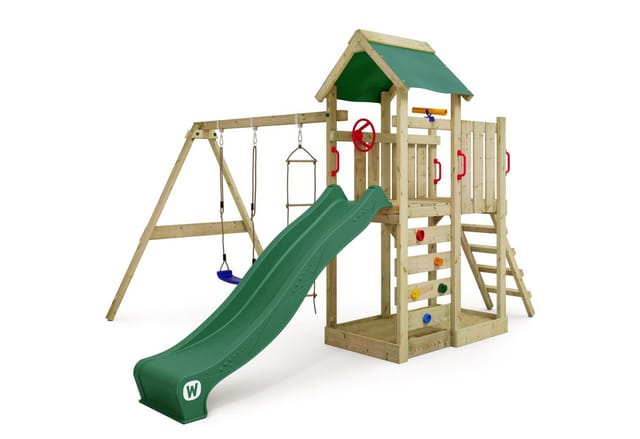 Spielturm Klettergerüst MultiFlyer mit Schaukel & Rutsche, Kletterturm mit Sandkasten, Leiter & Spiel-Zubehör - grün - Wickey