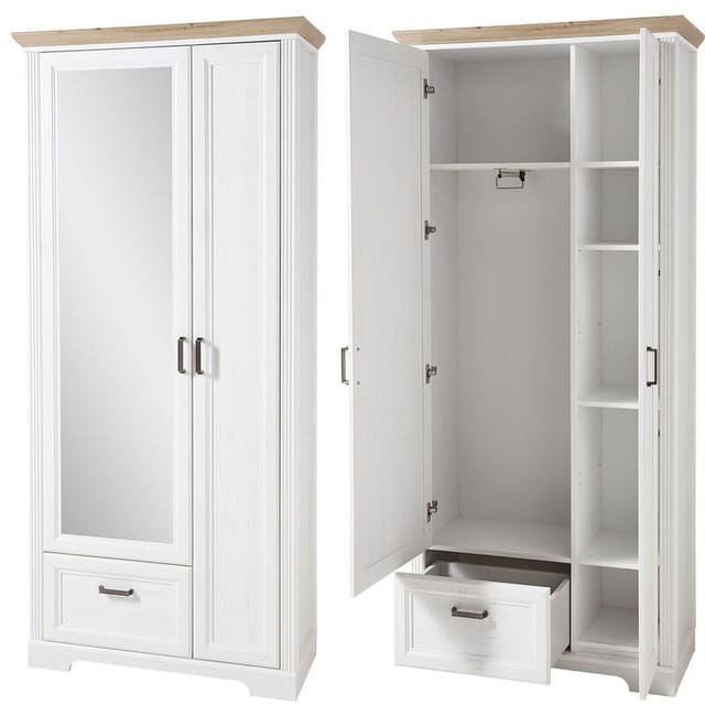 Lomadox - Landhaus Garderobenschrank mit Spiegel JÜLICH-36 in Pinie weiß mit Artisan Eiche, b/h/t: 93/204/41 cm