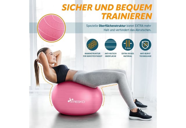 TRESKO Gymnastikball (Rosa 55cm) mit Pumpe Fitnessball Yogaball Sitzball Sportball Pilates Ball Sportball