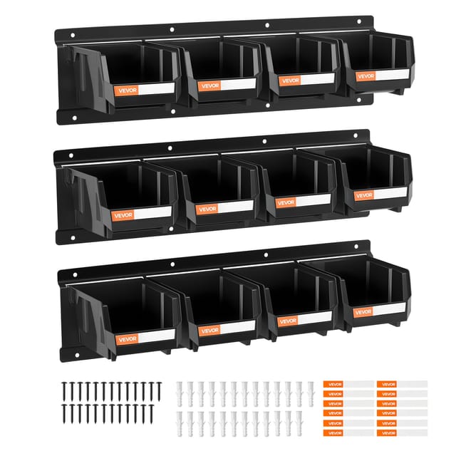 Vevor Stapelboxen Wandmontage, 137x105x75mm (12er-pack) & 3 Metallschienen, Sichtlagerboxen Für Schrauben, Muttern, Bolzen, Nägel, Werkzeug-organizer Für Werkstatt, Bastelraum, Garage, Schwarz