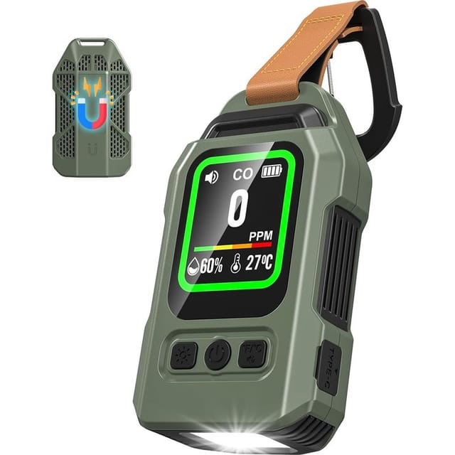 Tragbarer Kohlenmonoxidmelder, Thermometer Und Hygrometer Mit Alarmfunktion Und Notfalltaschenlampe, Ideal Für Camping, Reisen, Auto Und Küche.