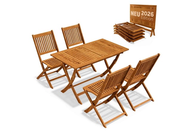 Casaria® Gartenmöbel Set Modell 2026 – Neu: Extra Stabiler Tisch Mit Umlaufender Verstärkungsleiste 5-teilig Aus Fsc® Akazienholz, 4 Stühle, Klappbar Für Garten & Balkon Mit Armlehnen