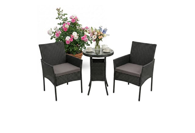 Relaxdays Gartenmöbel Set, 3-tlg. Rattan Sitzgruppe, 2 Personen, 2x Sessel & Glastisch, Loungemöbel, outdoor, schwarz