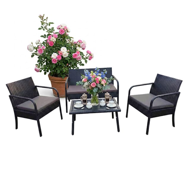Relaxdays Gartenmöbel Set, 4-tlg. Rattan Sitzgruppe, 4 Personen, Bank, 2 Stühle & Tisch, Loungemöbel, outdoor, schwarz