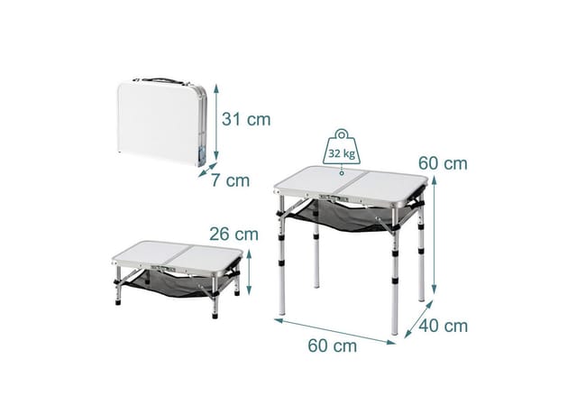 Relaxdays Campingtisch, klappbar, höhenverstellbar, HxBxT:60x60x40 cm, Aluminium, MDF, wetterfest, Gartentisch, weiß