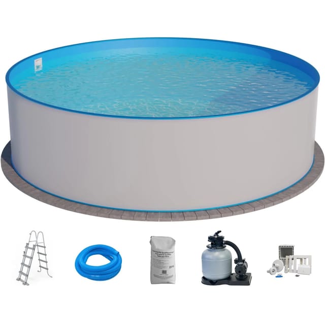Stahlwandpool Set (6-teilig) hoch rund Borneo 500 x 120 cm, Stahl 0,6 mm weiß Folie 0,6 mm blau