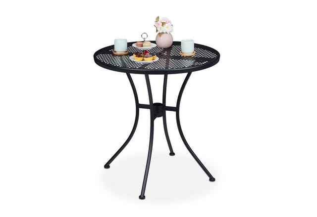 Gartentisch, mit Schirmloch, Gitter-Optik, wetterfest, Stahl, HxD: 72 x 70 cm, runder Balkontisch, schwarz - Relaxdays