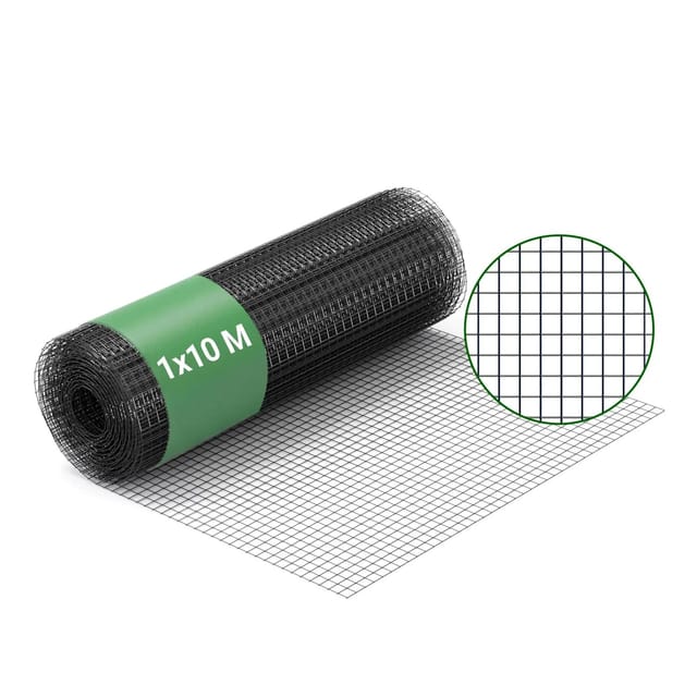 Maschendrahtzaun Schwarz 100 cm x 10 m, 0,9 mm Stärke 12x12 mm Maschengröße, Volierendraht 4-Eck aus Stahl verzinkt, Drahtgitter, Vogeldraht - Wiltec