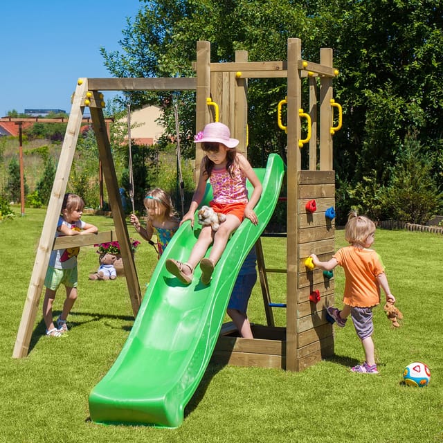Spielturm 'Funny 3', natur, mit Schaukel, Rutsche, Sandkasten und Kletterwand - Fungoo