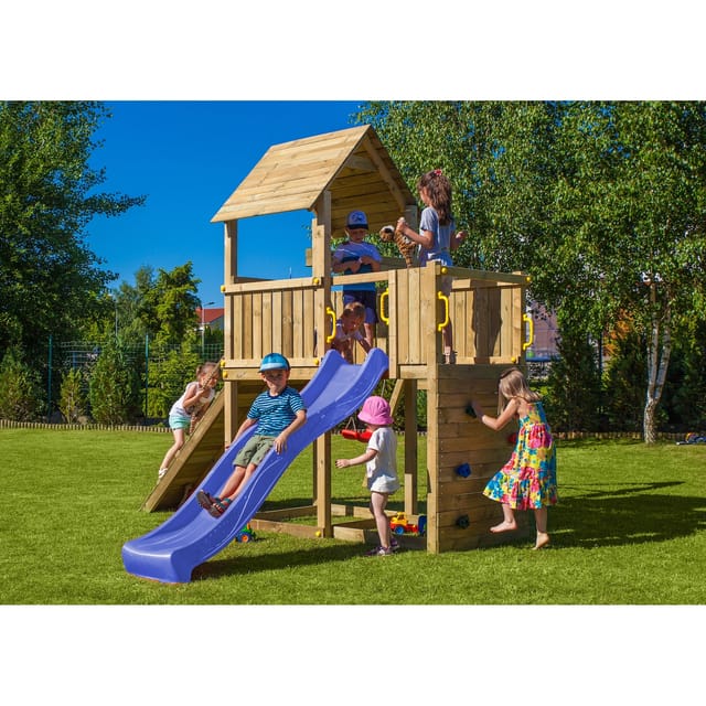 Fungoo Spielturm "Carol 3", natur, mit Rutsche, Schaukel, Kletterwand, Rampe und Holzdach