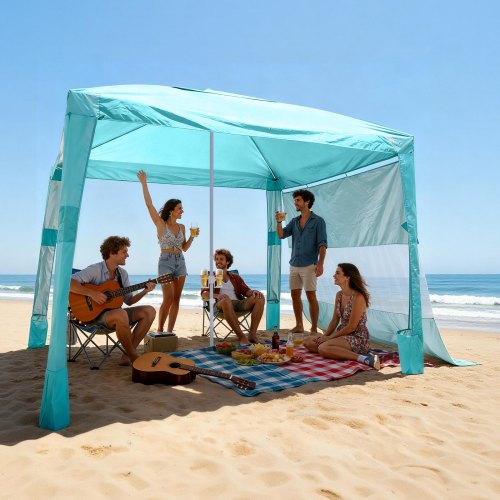 Strand-cabana, 2,4 X 2,4 M Strandzelt Mit Seitenwand, Upf 50+ Sonnenschutz, Strandpavillon Mit Sandsäcken, Höhenverstellbarer & Tragbarer Sonnenschutz Für Familie Und Freund, Grün