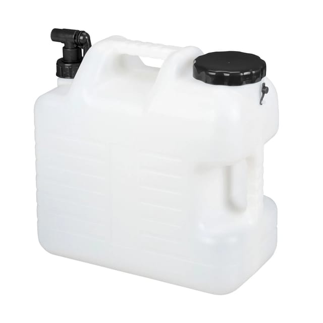 Relaxdays Wasserkanister mit Hahn, 20 Liter, Kunststoff bpa-frei, Weithals Deckel, Griff, Camping Kanister, weiß/schwarz
