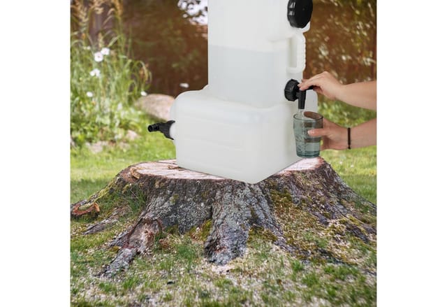 Relaxdays - Wasserkanister mit Hahn, 15 Liter, Kunststoff bpa-frei, Weithals Deckel, Griff, Camping Kanister, weiß/schwarz