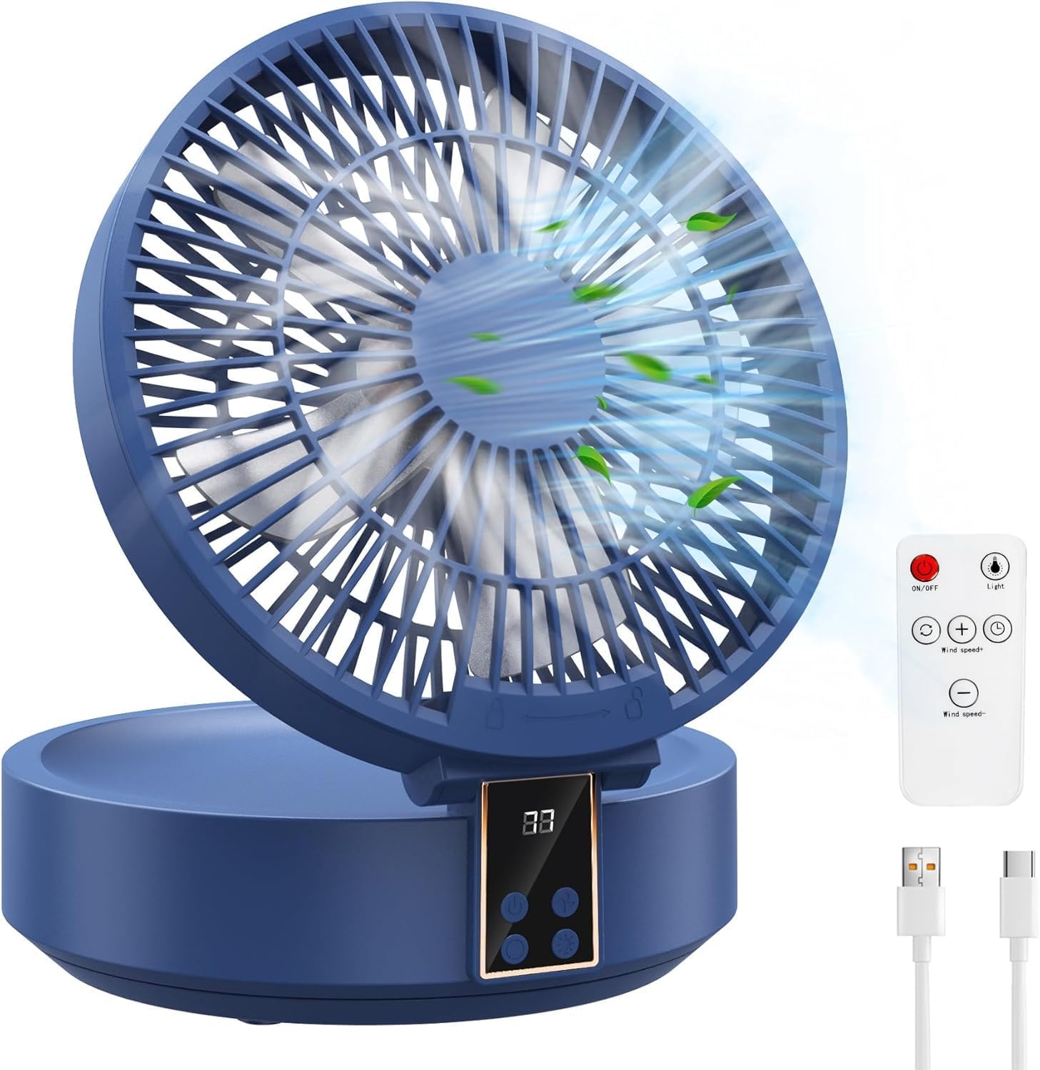 Usb Ventilateur Silencieux 4000mah 120°rotative Avec Led, Télécommande,bleu