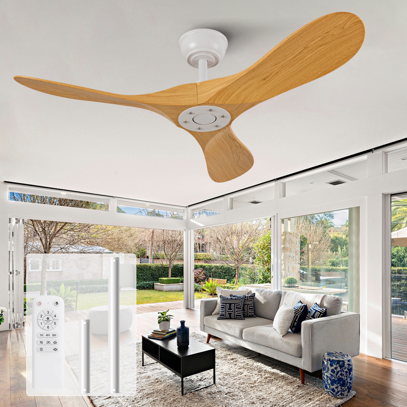 Deckenventilator Ohne Licht, Für Schlafzimmer Und Wohnzimmer Mit Fernbedienung, 3 Abs-flügel, 6 Geschwindigkeitsstufen, 107 Cm, Weiß Und Naturholz
