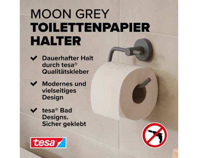 Moon grey Toilettenpapierhalter,matt grau - Rollenhalter ohne Deckel für Bäder im Industrial Style und moderne Badezimmer - bohrfrei, inkl.