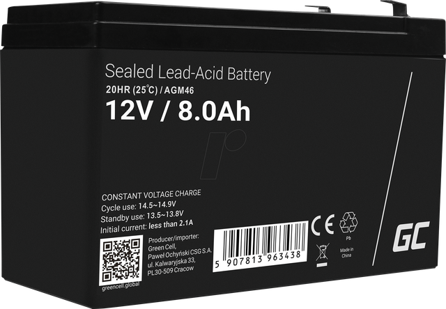 Green Cell Replacement AGM Gel Battery 12V 8Ah Rechargeable Sealed Lead Acid Battery Maintenance Free Battery Replacement Battery for Burglar Alarm
