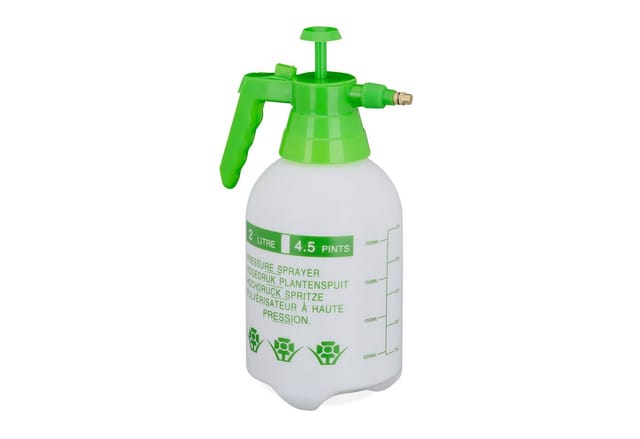 Relaxdays - Drucksprüher 2 Liter, einstellbare Messingdüse, für Wasser & Unkrautvernichter, Sprühflasche Garten, weiß/grün