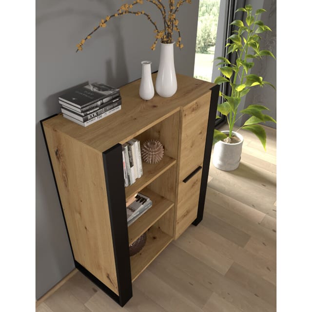 Regal nuka j 90x45x110 cm Eiche Artisan/Matt schwarz Schrank Kommode Vitrine Bücherregal