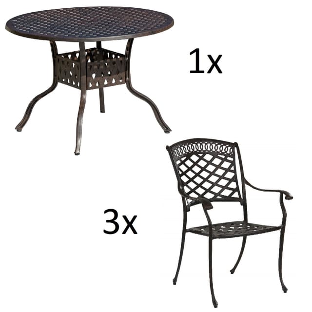Inko 4-teilige Sitzgruppe Aluminium Guss bronze Tisch Ø 106 cm mit 3 Sesseln Tisch Ø106 cm mit 3x Sessel Urban