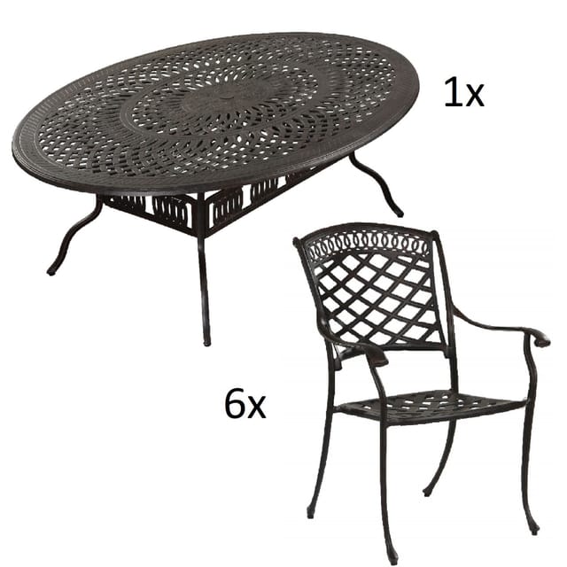 7-teilige Sitzgruppe Alu-Guss bronze Tisch oval 216x152x74 cm cm mit 6 Sesseln Tisch 216x152 cm mit 6x Sessel Urban - Inko