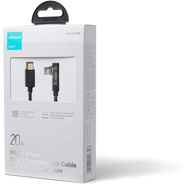 Abgewinkeltes iPhone Lightning-auf-USB-C-Kabel für schnelles Laden, 20 W, 1,2 m, Schwarz