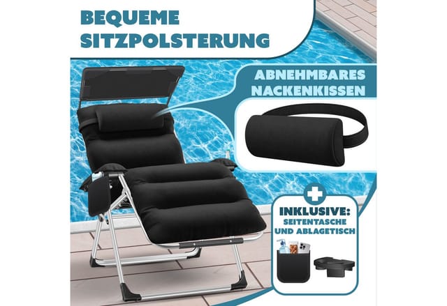 Sonnenliege, Gartenliege & Wetterfest, Belastbar 200kg, Verstellbare Rückenlehne Inkl. Nackenkissen, Getränkehalter & Armpolster, Schwarz, (mit Sonnendach) - Kesser