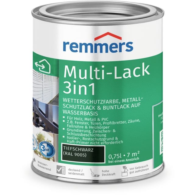 Remmers Multi-Lack 3in1 tiefschwarz (RAL 9005), 0,75 Liter, Wetterschutzfarbe, Metallschutzlack & Buntlack auf Wasserbasis für Holz, Metall & PVC